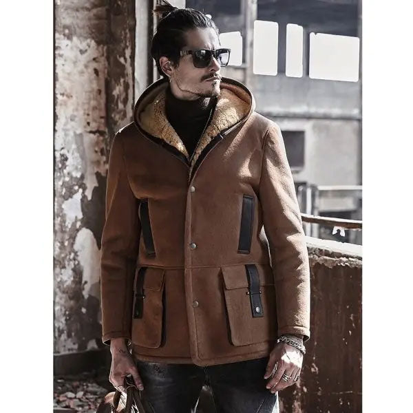 Men's Shearling Hooded Suede Leather Bomber Long Jacket Trench Coat