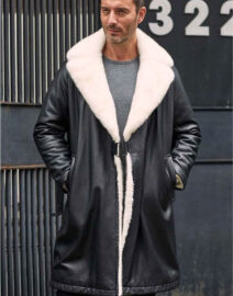 Men's Winter Shearling Fur Black Leather Long Trench Coat