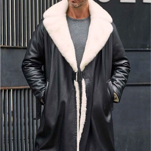 Men's Winter Shearling Fur Black Leather Long Trench Coat