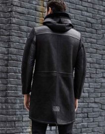Men's Winter Shearling Fur Black Leather Long Trench Coat Outerwear back