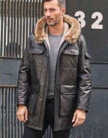 Mink Coat Long Winter Overcoat Black Leather Parkas Fur Outwear
