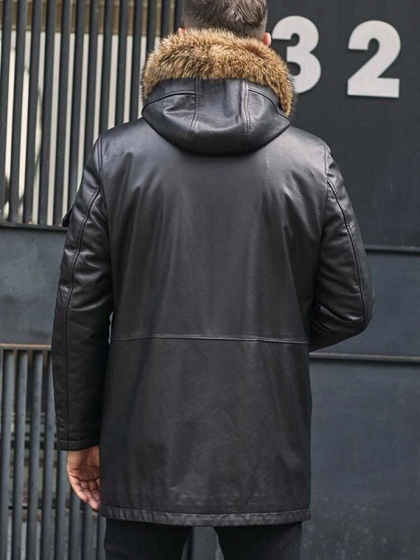 Mink Coat Long Winter Overcoat Black Leather Parkas Fur Outwear back
