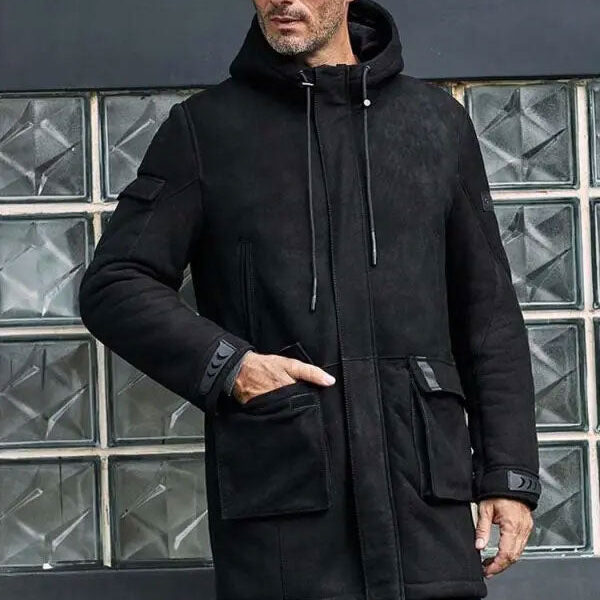 Outwear Winter Fur Coat Black Sheepskin Leather Overcoat