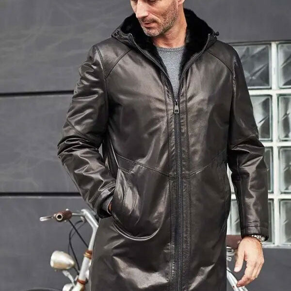 Shearling Fur Hooded Leather Trench Coat Outerwear