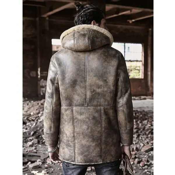 Sheepskin Coat Long Leather Jacket Hooded Fur Coat Thick Mens Winter Coats Back