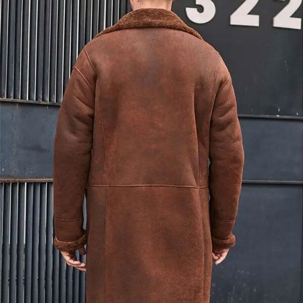 Winter Brown Fur Leather Long Trench Overcoat Outwear back