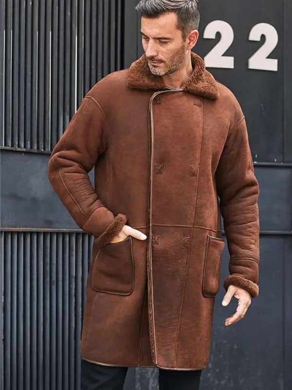 Winter Brown Fur Leather Long Trench Overcoat Outwear