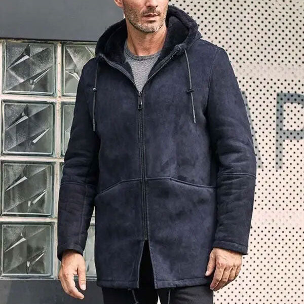 Leather Jacket Warm Wool Overcoat Long Winter Outwear Hooded Sheepskin Parkas