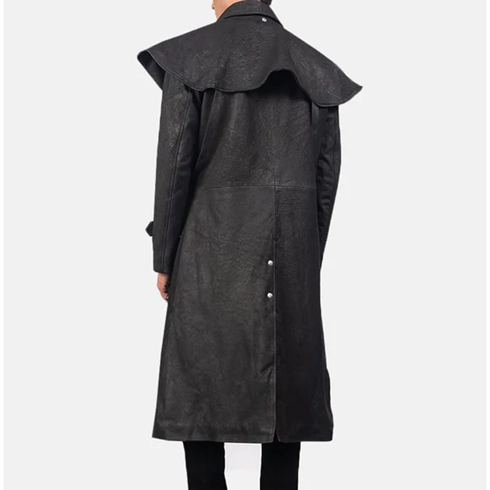 Mens Premium Sheepskin Leather Studded Black Leather Duster Coat back-min Mens Premium Sheepskin Leather Studded Black Leather Duster Coat