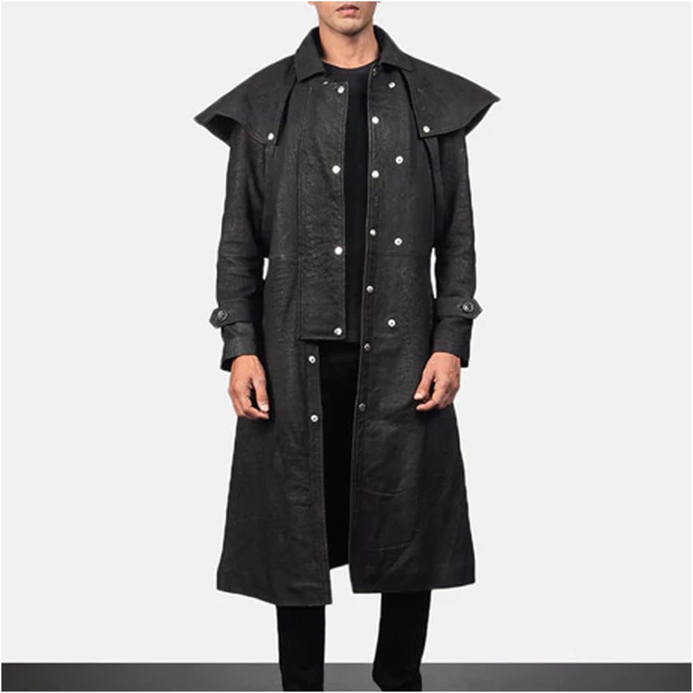 Mens Premium Sheepskin Leather Studded Black Leather Duster Coat-min Mens Studded Black Leather Duster Coat