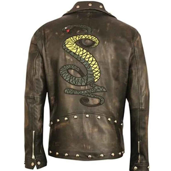 Mens Distressed Brown Embroidery Snakes Studded Leather Jacket