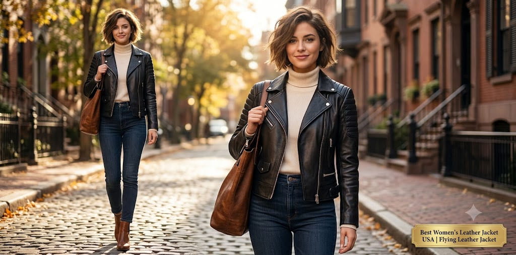 women leather bomber jacket banner
